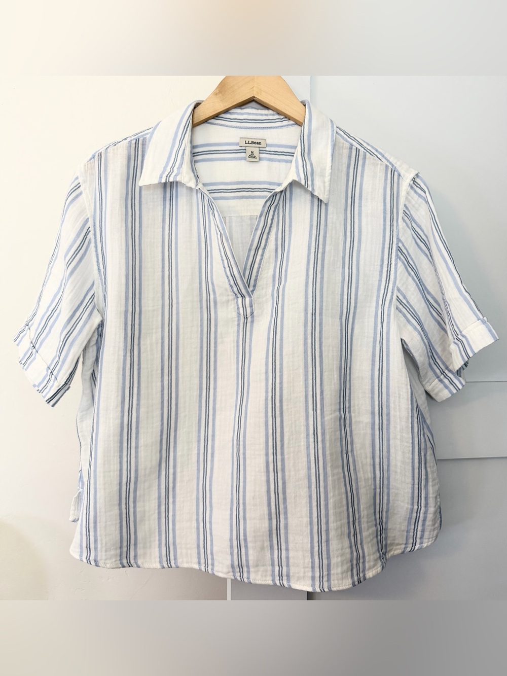 L.L. Bean White and Blue Striped Cotton Gauze Collared Shirt